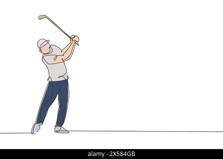 One single line drawing of young sporty golf player hit the ball using golf club vector graphic illustration. Healthy sport concept. Modern continuous Stock Vector