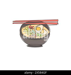 Single continuous line drawing of stylized Japanese ramen logo label. Emblem fast food noodle restaurant concept. Modern one line draw design vector i Stock Vector