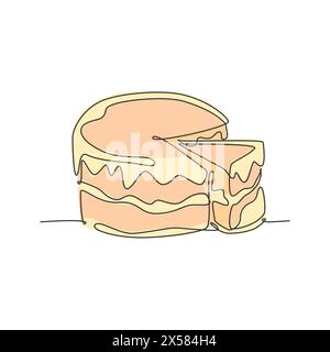 One continuous line drawing of fresh delicious birthday with sliced cut cake tart art. Sweet decorative pastry concept. Modern single line draw design Stock Vector