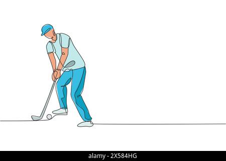 One single line drawing of young sporty golf player hit the ball using golf club graphic vector illustration. Healthy sport concept. Modern continuous Stock Vector