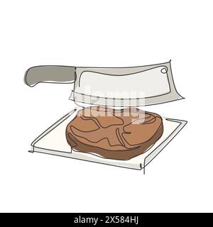 One continuous line drawing of fresh delicious beef steak on hot plate with big knife. Steak restaurant logo template concept. Modern single line draw Stock Vector