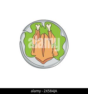 Single continuous line drawing of stylized roasted turkey for festival holiday celebration. Special menu from restaurant. Modern one line draw design Stock Vector