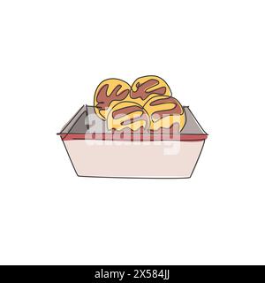One single line drawing of fresh Japanese takoyaki ball logo vector graphic illustration. Seafood cafe menu and restaurant badge concept. Modern conti Stock Vector
