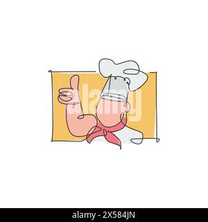 Single continuous line drawing of stylized chef man character mascot with thumbs up finger gesture logo label. Emblem restaurant concept. Modern one l Stock Vector