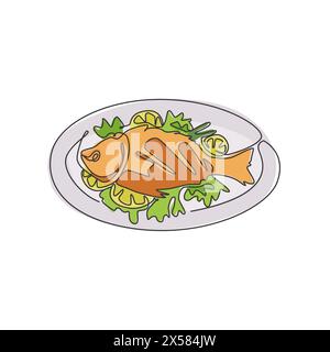 One continuous line drawing fresh delicious baked sea fish on plate restaurant logo emblem. Seafood menu cafe shop logotype template concept. Modern s Stock Vector