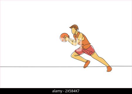 Single continuous line drawing of young healthy basketball male player running. Competitive sport concept. Trendy one line draw design vector illustra Stock Vector