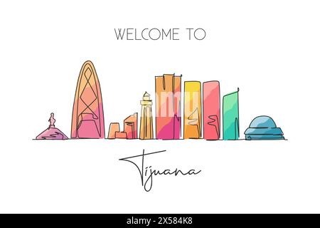 One continuous line drawing Tijuana city skyline, Mexico. Beautiful landmark postcard. World landscape tourism and travel vacation. Editable stylish s Stock Vector