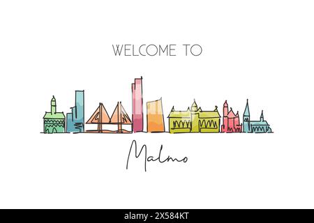 One continuous line drawing of Malmo city skyline, Sweden. Beautiful landmark postcard. World landscape tourism and travel vacation. Editable stylish Stock Vector