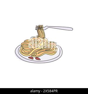 One continuous line drawing of fresh delicious Italian spaghetti pasta restaurant logo emblem. Italy fast food noodle shop logotype template concept. Stock Vector