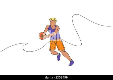 One single line drawing of young energetic basketball male player catches the ball vector illustration. Sports competition concept. Modern continuous Stock Vector