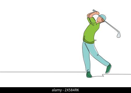 One single line drawing of young sporty golf player hit the ball using golf club graphic vector illustration. Healthy sport concept. Modern continuous Stock Vector