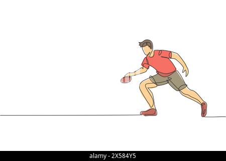 One single line drawing of energetic man table tennis player practice to hold rival smash vector illustration graphic. Sport concept. Modern continuou Stock Vector