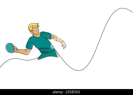 One continuous line drawing of young sporty man table tennis player practice hitting the ball. Competitive sport concept. Single line draw design vect Stock Vector
