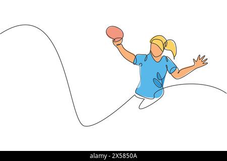One single line drawing of young energetic woman table tennis player defense from rival vector illustration. Sport training concept. Modern continuous Stock Vector
