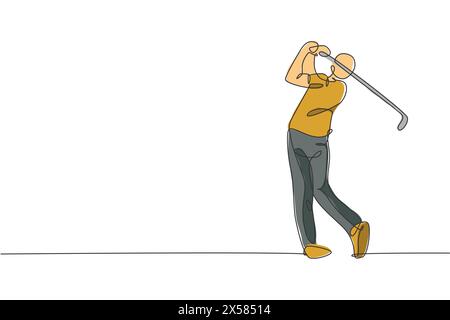 One single line drawing of young sporty golf player hit the ball using golf club vector illustration graphic. Healthy sport concept. Modern continuous Stock Vector