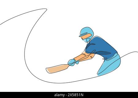 Single continuous line drawing of young agile man cricket player practice to swing the cricket bat vector illustration. Sport exercise concept. Trendy Stock Vector