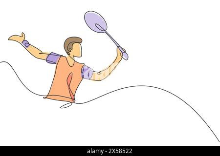 Single continuous line drawing of young agile badminton player give drop shot hit to opponent. Sport concept. Trendy one line draw design vector illus Stock Vector