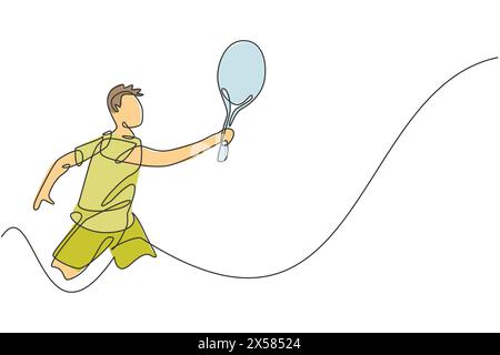 Single continuous line drawing young agile tennis player hold opponent's ball hit. Sport exercise concept. Trendy one line draw graphic design vector Stock Vector