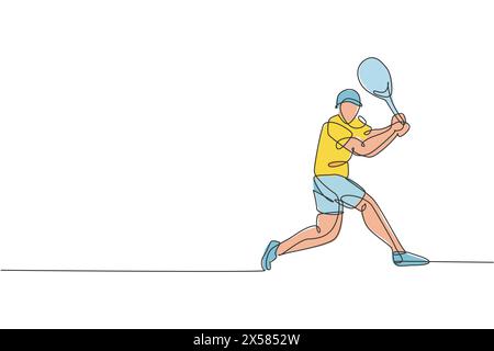 Single continuous line drawing of young agile tennis player prepare to hit opponents ball. Sport exercise concept. Trendy one line draw design vector Stock Vector