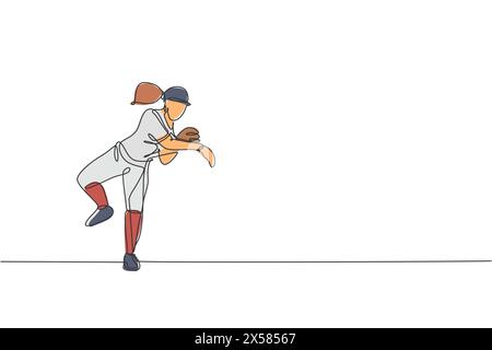 One single line drawing of young energetic woman baseball player practice throw the ball vector illustration. Sport training concept. Modern continuou Stock Vector
