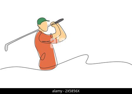 One continuous line drawing of young golf player swing golf club and hit the ball. Leisure sport concept. Dynamic single line draw design graphic vect Stock Vector