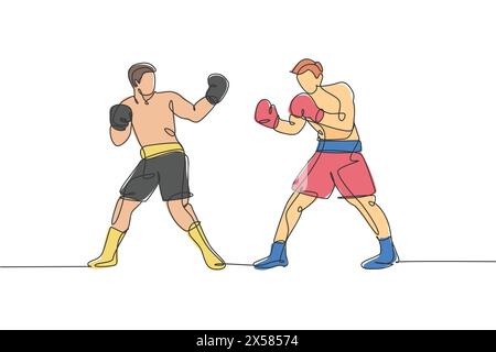 Single continuous line drawing of two young agile men boxer provoke rival at boxing match. Fair combative sport concept. Trendy one line draw design v Stock Vector