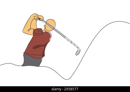 One continuous line drawing of young golf player swing golf club and hit the ball. Leisure sport concept. Dynamic single line draw design graphic vect Stock Vector