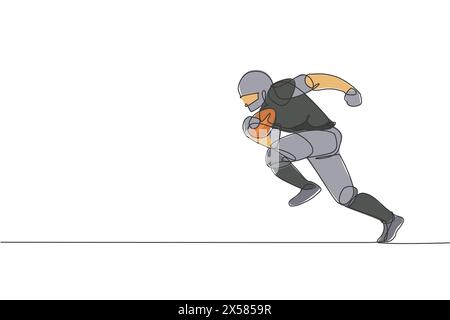 Single continuous line drawing of agile man american football player speed running to reach score line for competition media. Sport exercise concept. Stock Vector
