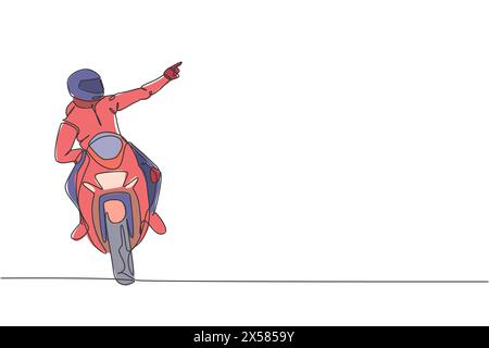 Single continuous line drawing of young superbike racer pointing finger to the spectators. Moto tournament concept. Trendy one line draw design vector Stock Vector
