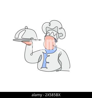 Single continuous line drawing of stylized man chef serving food for restaurant logo label. Food cafe mascot concept. Modern one line draw design vect Stock Vector