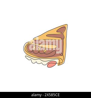 Single continuous line drawing of stylized crispy crepes with syrup, sauce chocolate stuffing logo label. Sweet snack restaurant concept. Modern one l Stock Vector