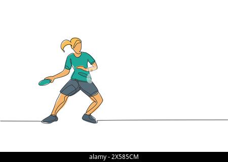 One single line drawing young energetic woman table tennis player hit the ball vector graphic illustration. Sport training concept. Modern continuous Stock Vector