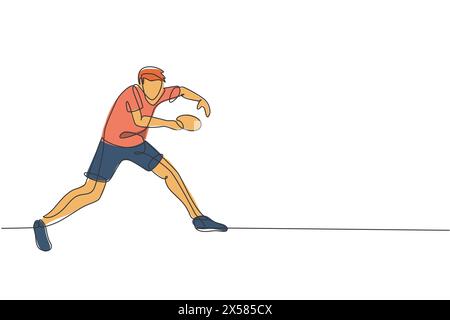 One single line drawing young energetic man table tennis player pose defensively vector graphic illustration. Sport training concept. Modern continuou Stock Vector