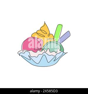 Single continuous line drawing of stylized sundae ice cream cup logo label. Sweet dessert restaurant concept. Modern one line draw design vector illus Stock Vector