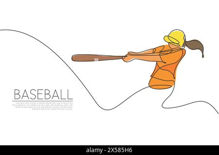 Single continuous line drawing of young agile woman baseball player hit the ball seriously. Sport exercise concept. Trendy one line draw design vector Stock Vector