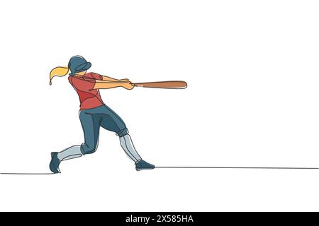 One continuous line drawing of young sporty woman baseball player practice to hit the ball. Competitive sport concept. Dynamic single line draw design Stock Vector