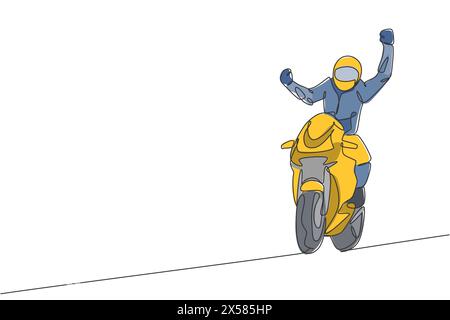 One single line drawing of young moto biker celebrate winning with raising his hands vector illustration. Superbike racing concept. Modern continuous Stock Vector