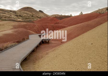 The Painted Cove trail in the John Day Fossil Beds National Monument is a boardwalk permitting visitors an up-close look at the paleosols (ancient soi Stock Photo