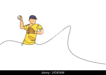 One single line drawing of young energetic man baseball pitcher train to throw the ball vector illustration. Sport training concept. Modern continuous Stock Vector