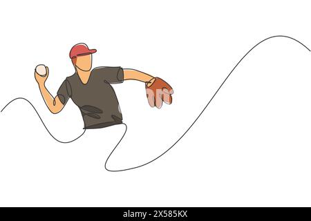 One continuous line drawing of young sporty man baseball player focus practice to throw the ball. Competitive sport concept. Dynamic single line draw Stock Vector
