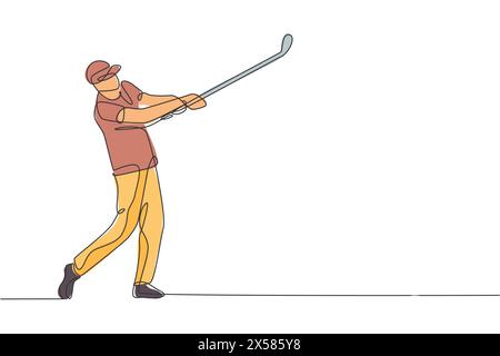 One single line drawing of young sporty golf player hit the ball using golf club vector graphic illustration. Healthy sport concept. Modern continuous Stock Vector