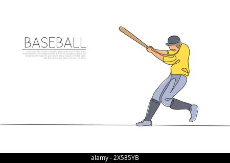 One continuous line drawing of young sporty man baseball player practice to hit the ball at stadium. Competitive sport concept. Dynamic single line dr Stock Vector