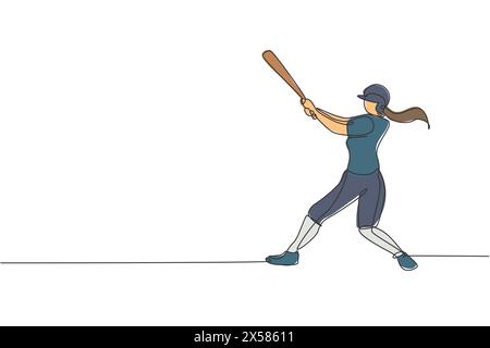 One single line drawing of young energetic woman baseball player practice to hit the ball vector illustration. Sport training concept. Modern continuo Stock Vector