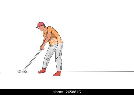 One single line drawing of young sporty golf player hit the ball using golf club vector illustration graphic. Healthy sport concept. Modern continuous Stock Vector