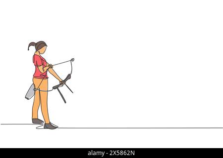 One single line drawing of young archer woman focus exercising archery to hit target graphic vector illustration. Healthy refresh shooting with bow sp Stock Vector