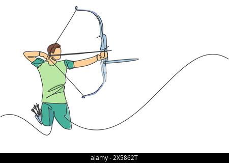 Single continuous line drawing of young professional archer man focus standing and aiming archery target. Archery sport exercise with the bow concept. Stock Vector