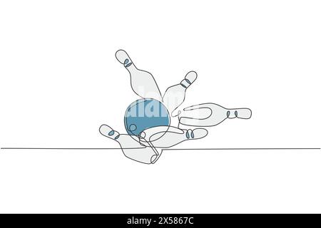 One single line drawing of bowling ball hit bowling pins to falling apart at alley lane graphic vector illustration. Leisure activity and game sport c Stock Vector