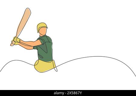 One single line drawing of young energetic man cricket player stance at stadium to hit the ball vector illustration. Sport concept. Modern continuous Stock Vector