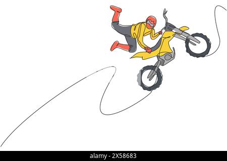 One single line drawing of young motocross rider does dangerous freestyle trick at track vector illustration. Extreme sport concept. Modern continuous Stock Vector