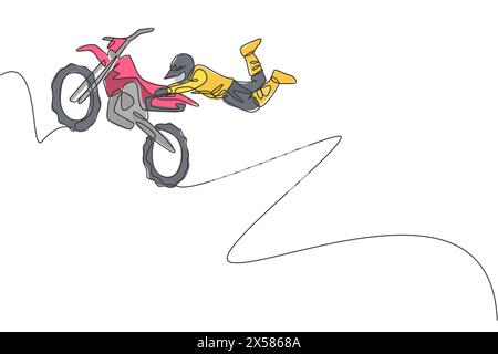 Single continuous line drawing of young motocross rider acrobatic flying with his bike. Extreme sport race concept vector illustration. Trendy one lin Stock Vector